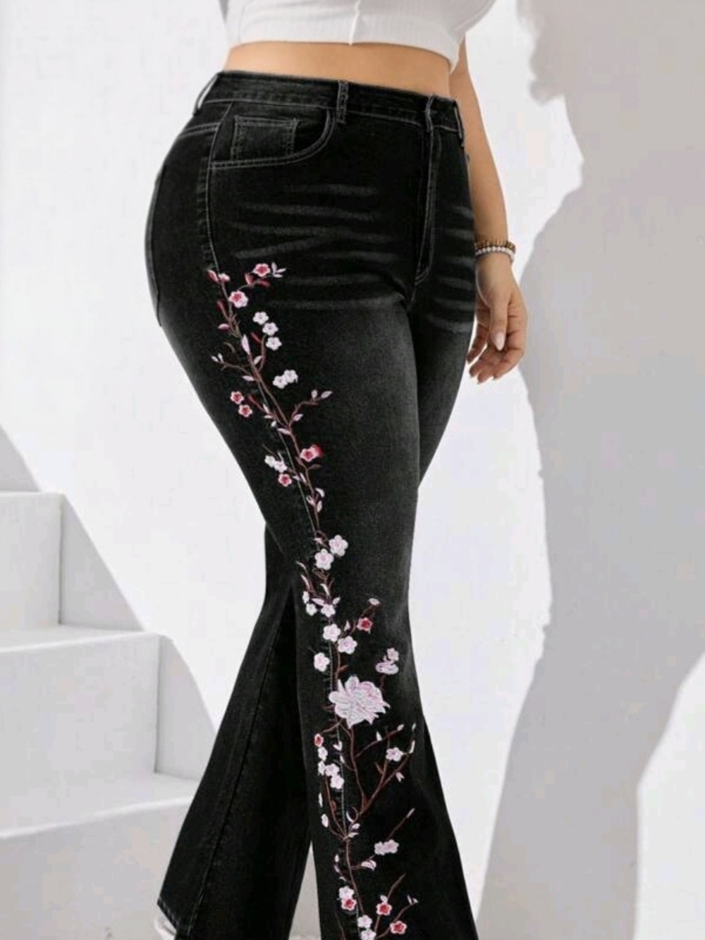 Black Embroidered Floral Flare Jeans